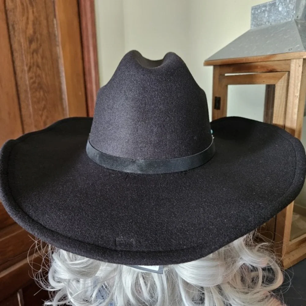 Frye Womens Faux Wool Felt Black Turquoise  Cattlemans Cowgirl Cowboy Hat‎ NWT